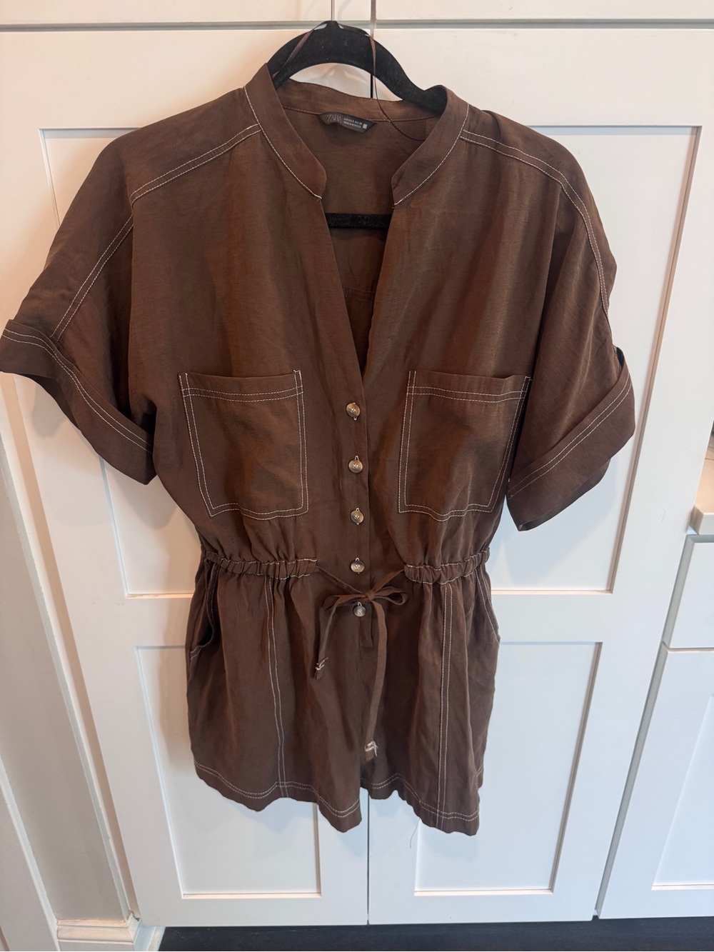 Zara Brown Short-Sleeve Drawstring Utility romper